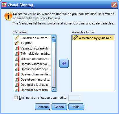 Tehtävän suoritus Transform /Visual Binning -komennolla Luokittelun voi suorittaa Transform/Recode-komennolla, mutta automaattisen tasavälisen