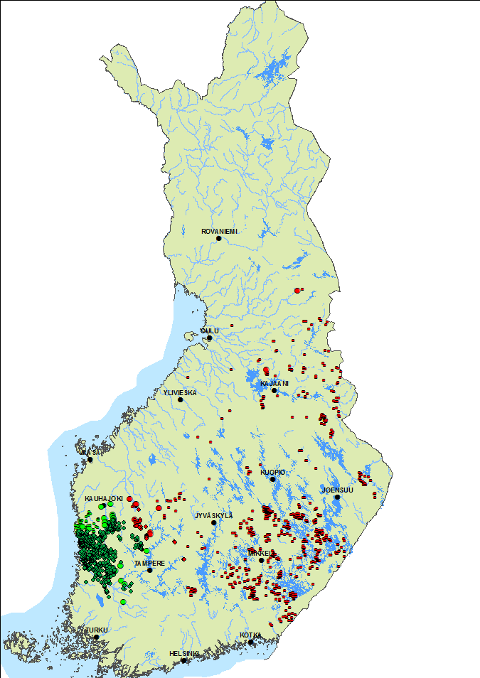 Levinneisyysalue Laskentojen tulokset (2013)+ kallot (2014) Mukana vain ne pesät, joiden