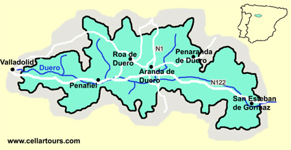 Ribera del Duero -viinit Espanjalainen DO-alue Kastilia-Leonissa, Duero-joen rannalla.