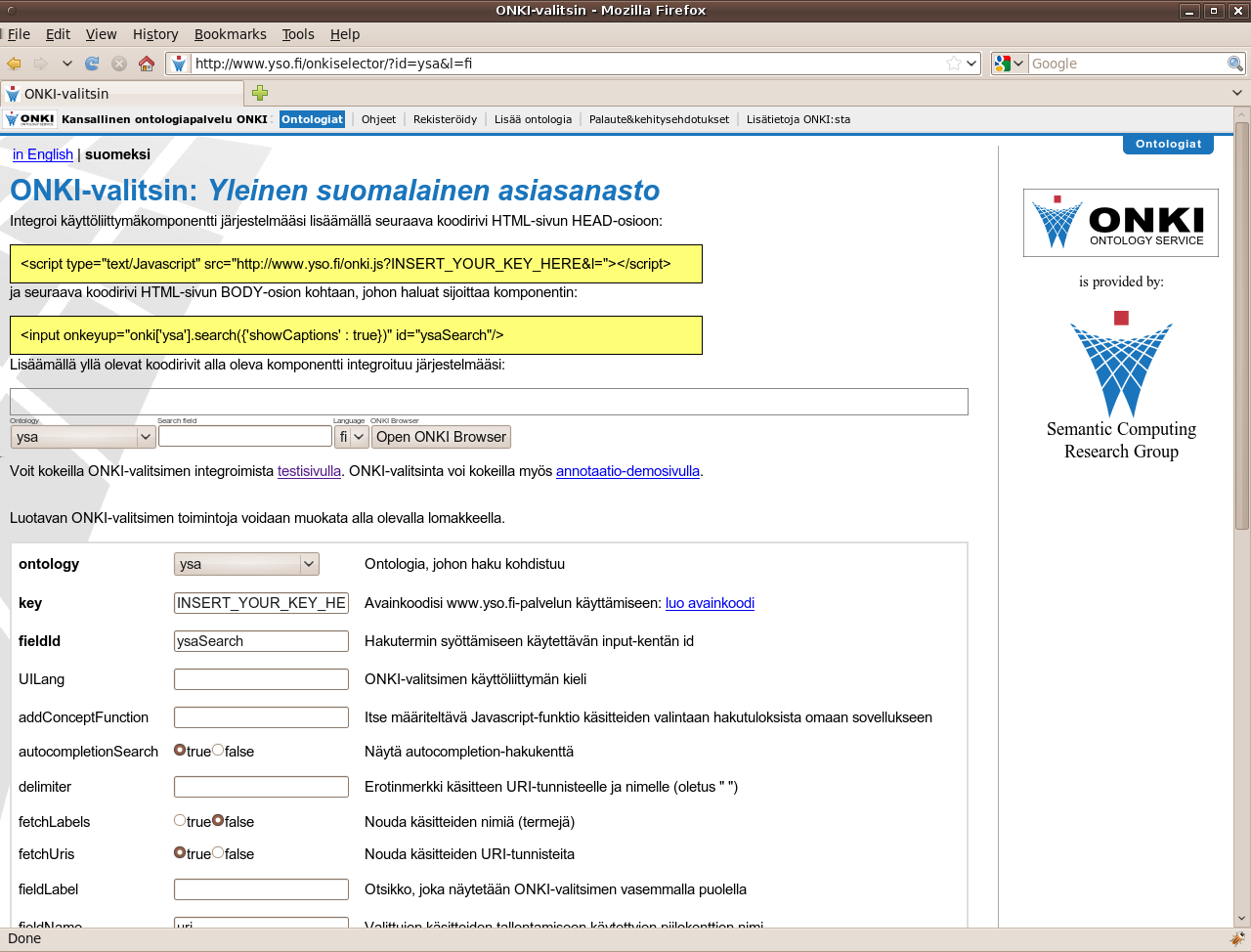 Käsitevalitsimen halutut parametrit asetetaan lomakkeella, jonka lähettämällä tarvittava koodi sekä parametrisoitu käsitevalitsin näytetään käyttäjälle. Palvelun käyttöliittymä on esitetty kuvassa 16.