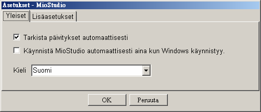 MioStudio asetukse Muuta MioStudion toimintaa napsauttamalla Työkalut Asetukset MioStudion ikkunan ollessa auki tai napsauta oikealla painikkeella kuvaketta