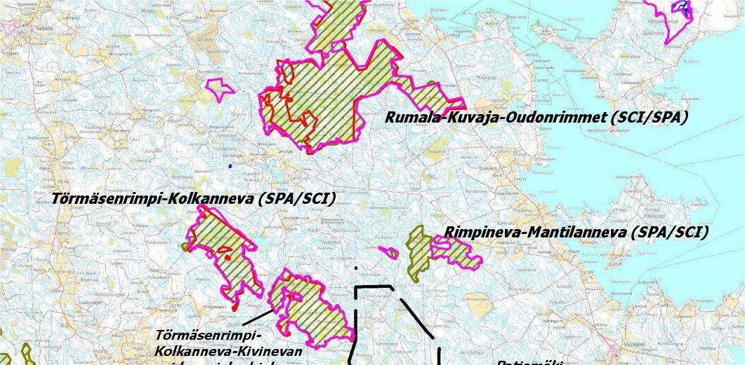 47 Pyhäntä Hankealueen luoteispuolella sijaitsee Törmäsenrimmen-Kolkannevan Natura-alue (FI1104408), joka on suojeltu sekä luonto- että lintudirektiivin nojalla (SCI/SPA-alue).