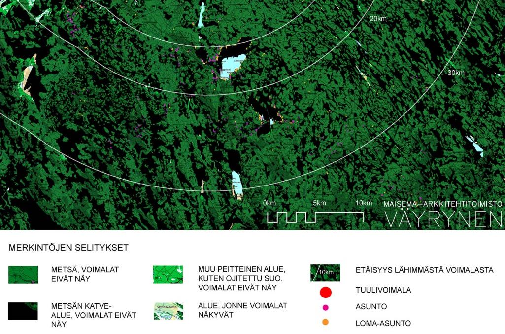 Tumman vihreät alueet ovat metsiä, mustat niiden katvealueita,