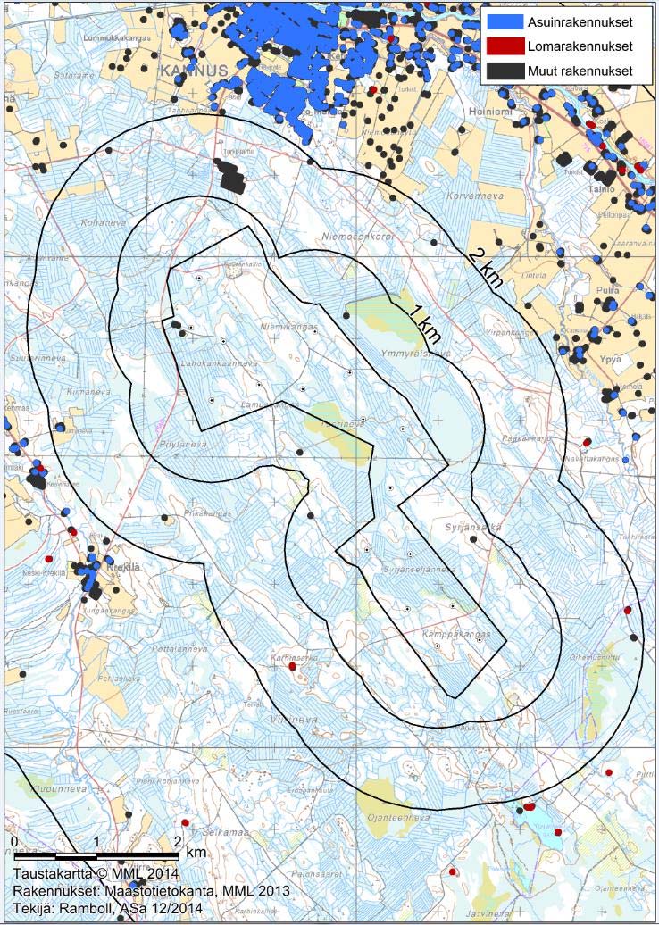 KAAVASELOSTUS 10 / 74 Taulukko 1. Tuulipuiston lähialueen asukkaiden, asuinrakennusten ja j lomarakennusten määrä (kaavaehdotus).