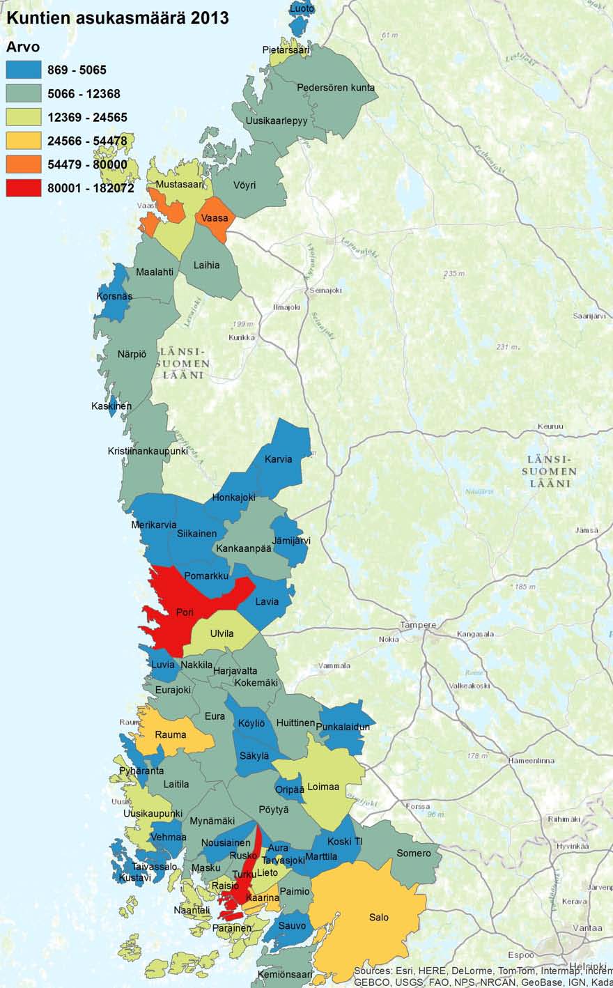 6.1.2. Kuntien väestö Kartta 1. Länsi-Suomen sote-alueen kuntien asukasmäärä 31.12.2013.