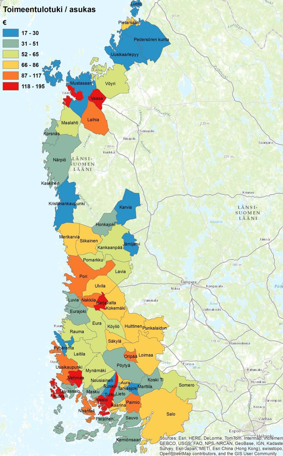 (5,6 %), Porissa (6,1 %), Uudessakaupungissa (6,2 %), Vaasassa (7 %) ja Turussa (7,6 %) oli toimeentulotuen saavien osuus alueen mediaania suurempi.