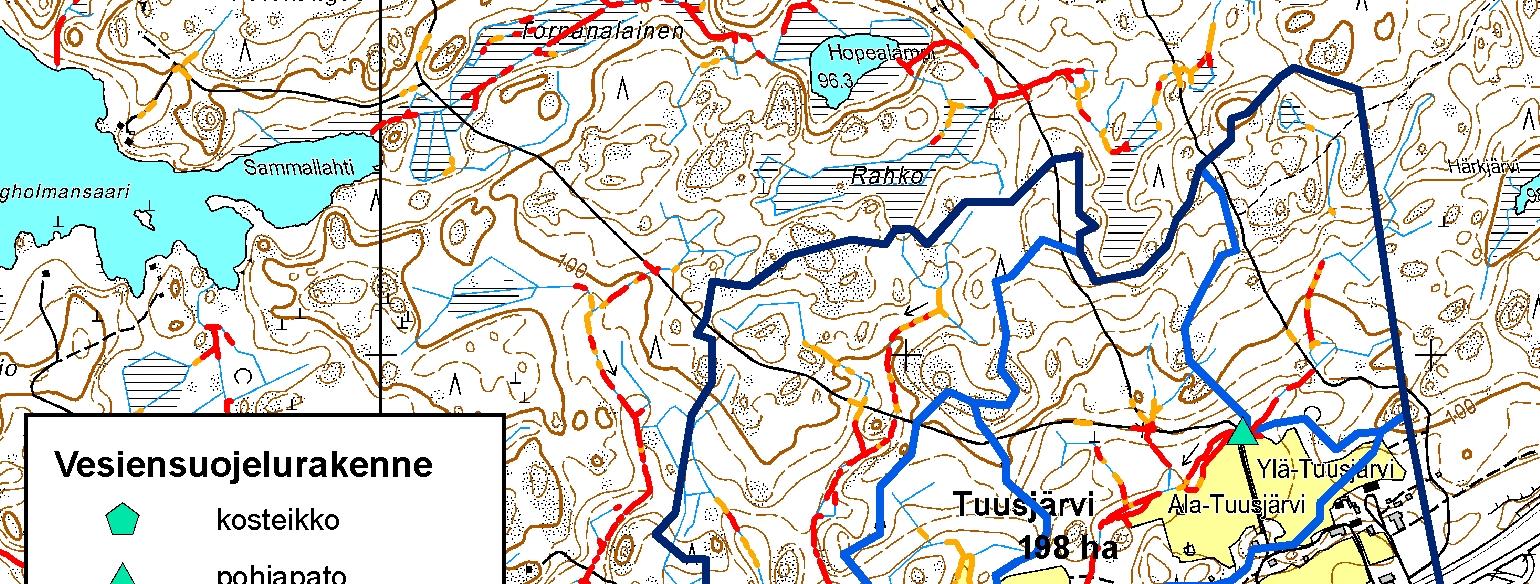 Kuva 1. Ala-Tuusjärven ojan valuma-alueet, ehdotetut vesiensuojelurakenteet ja uomien eroosioriski. Ala-Tuusjärven ojan valuma-alue on rajattu kuvassa tummansinisellä.