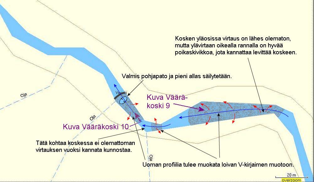 Kunnostuskartta Vääräkoski 4. Vääräkosken tämänhetkinen poikastuotantopinta-ala on noin 150 m 2. Tämä voi kasvaa kunnostusten myötä noin 900 m 2 :iin.