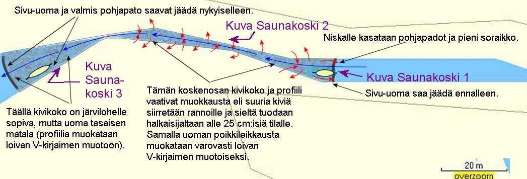 Kunnostuskartta Saunakoski 1. Saunakosken tämänhetkinen poikastuotantopinta-ala on noin 100 m 2. Tämä voi kasvaa kunnostusten myötä noin 40