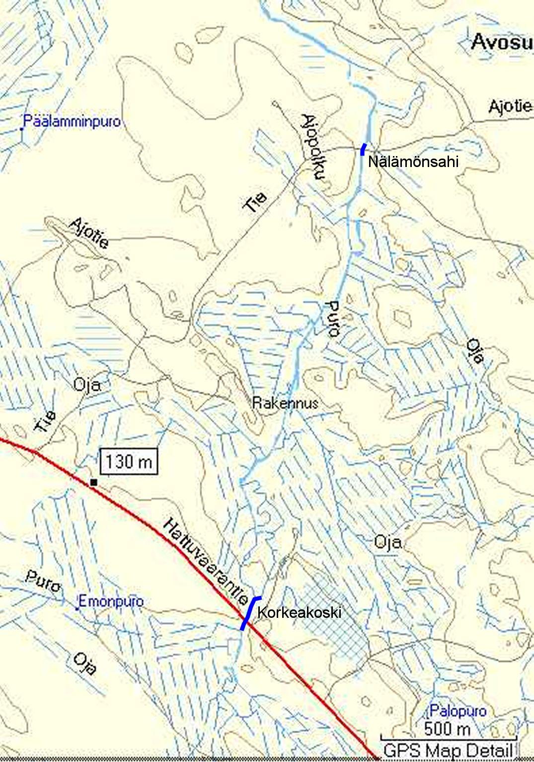 Kuva 3. Yleiskartta kunnostettavista koskialueista. Osuudet, joita on suunniteltu kunnostettaviksi, näkyvät kartassa tummennettuina. 6.4.5.1 Nälämönsahi Nälämönsahin pituus on 40 m.