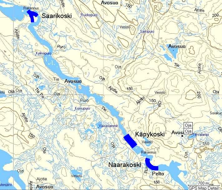 Kuva 9. Yleiskartta kunnostettavista koskialueista. Osuudet, joita on suunniteltu kunnostettaviksi, näkyvät kartassa tummennettuina. 6.3.2 Naarakoski Naarakosken pituus on 370 m.