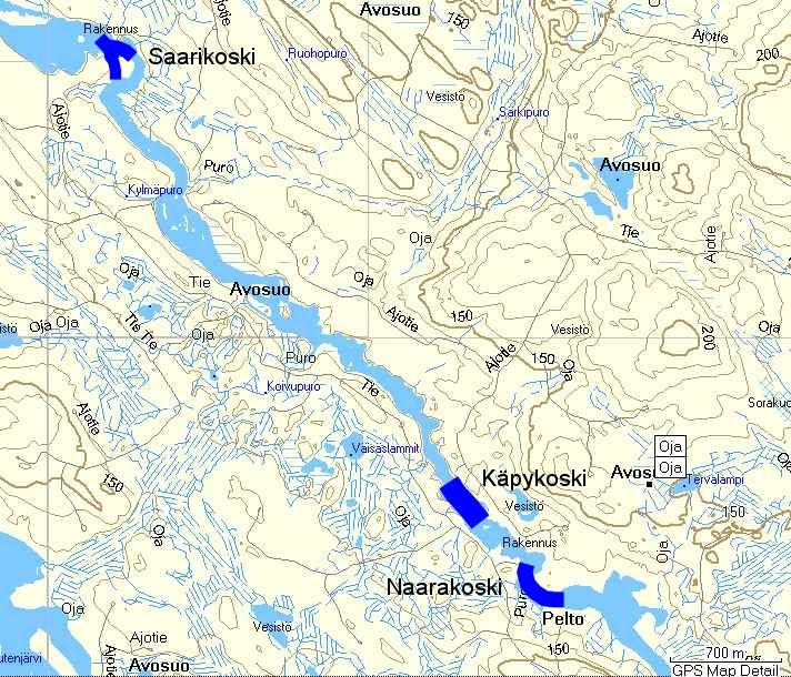 Kuva 9. Yleiskartta kunnostettavista koskialueista. Osuudet, joita on suunniteltu kunnostettaviksi, näkyvät kartassa tummennettuina. 6.3.2 Naarakoski Naarakosken pituus on 370 m.