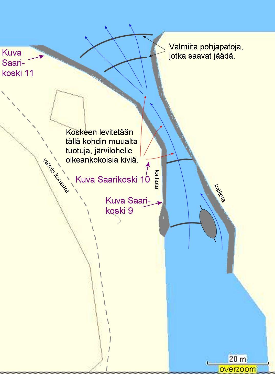 Kunnostuskartta Saarikoski 4. Saarikosken tämänhetkinen optimaalinen poikastuotantopinta-ala on noin 350 m 2. Tämä voi kasvaa kunnostusten myötä noin 4 300 m 2 :iin.