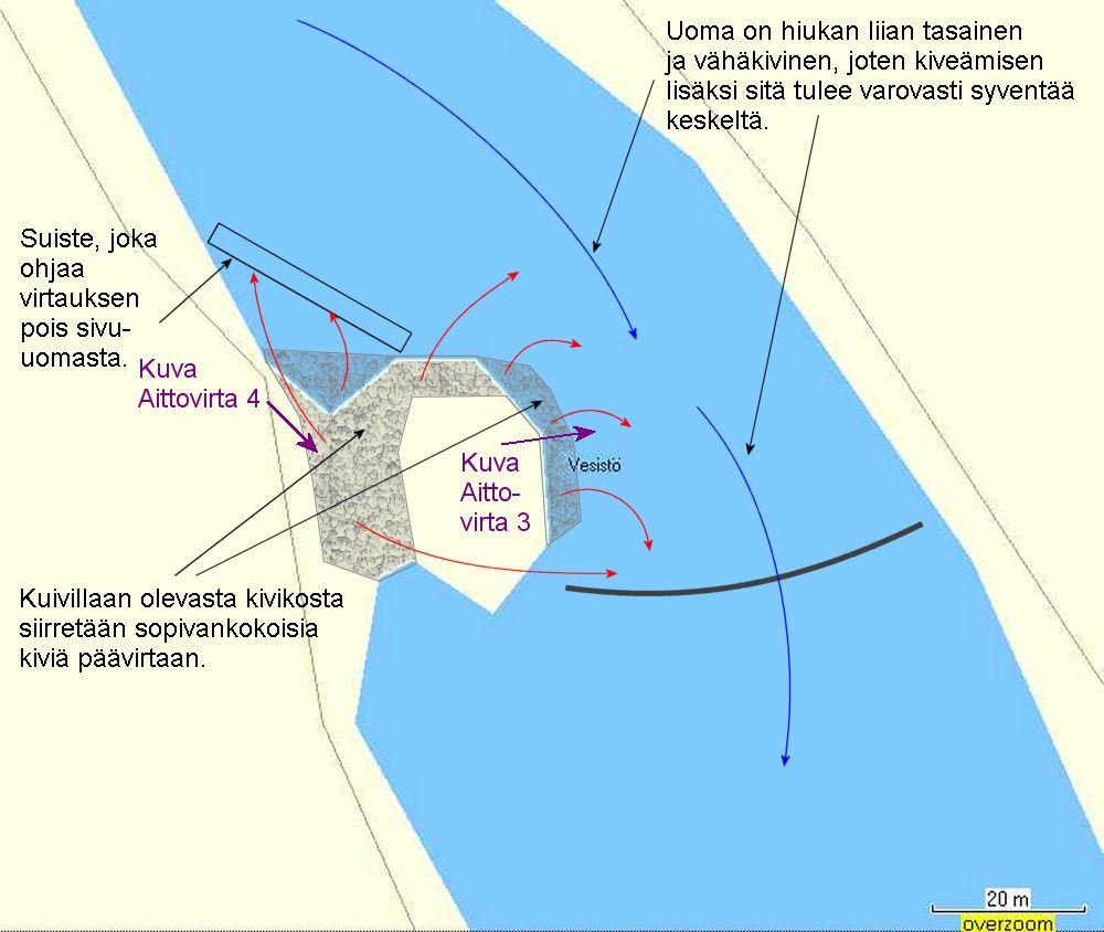 Kunnostuskartta Aittovirta 2. Aittovirran tämänhetkinen poikastuotantopinta-ala on noin 800 m 2. Tämä voi kasvaa kunnostusten myötä noin 40