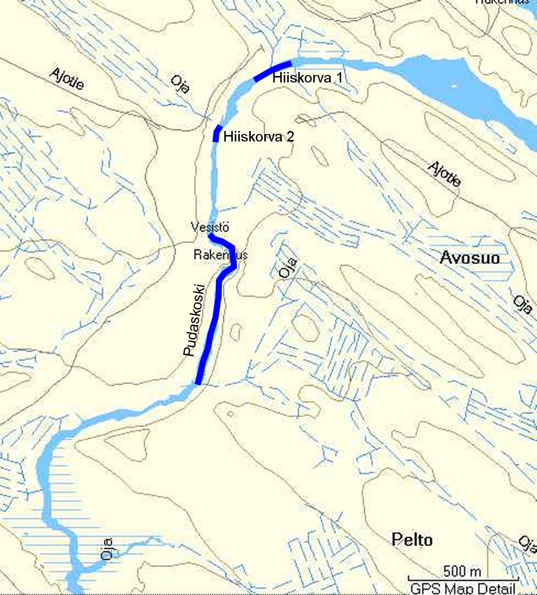 Kuva 3. Yleiskartta kunnostettavista koskialueista. Osuudet, joita on suunniteltu kunnostettaviksi, näkyvät kartassa tummennettuina. 6.4.3.1 Hiiskorva 1 Hiiskorva I pituus on 150 m.