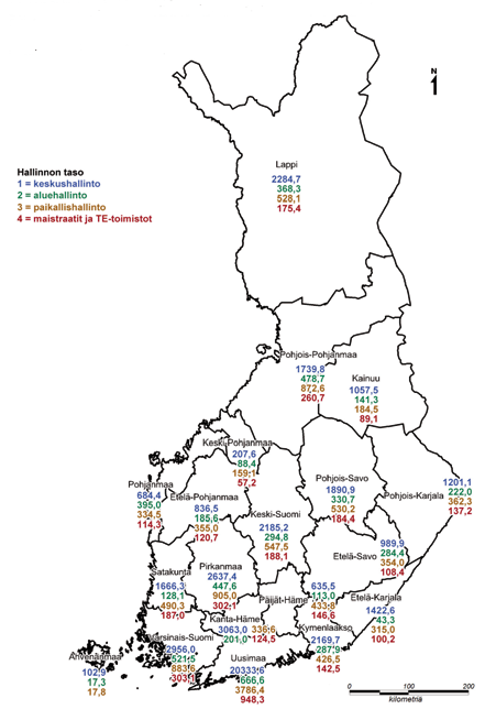 62 Vuoden 2013 toteumaa tarkasteltaessa valtion aluehallinnon henkilöstö sijoittuu maantieteellisesti oheisen kuvan 8 mukaisesti (kokonaisuudet 2 ja 4).