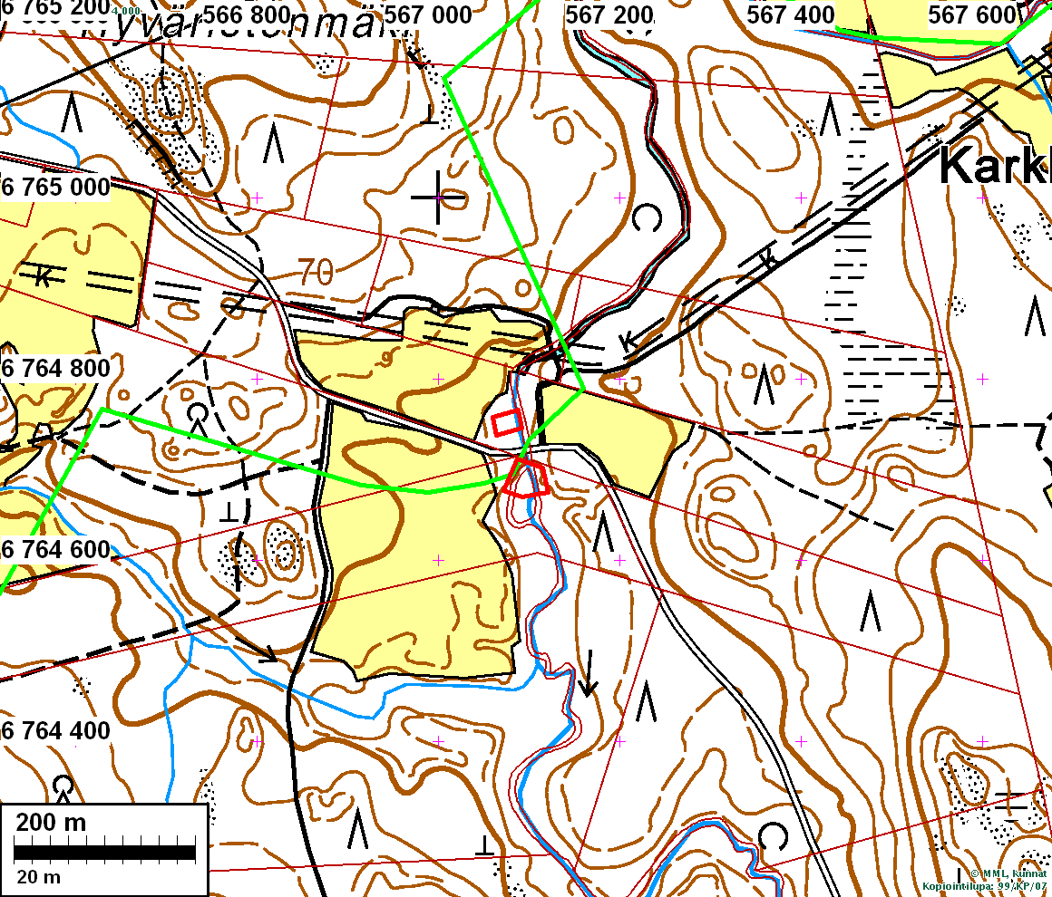 24 Mylly kuvan keskellä merkittynä vuoden 1767 kartan konseptikarttaan (VKKA, V 24 :1 Ia.* 227/- -).