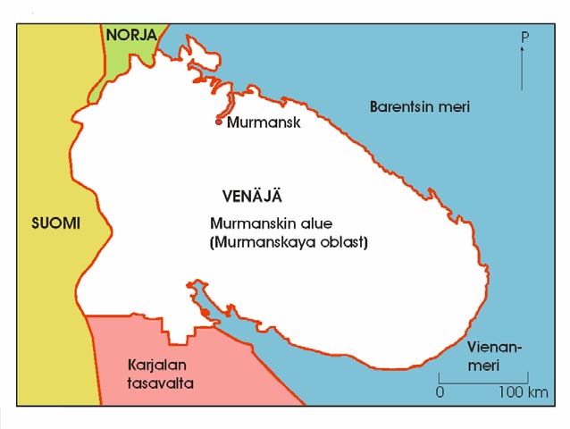 4 Murmansk Venäjän alueena Tässä kappaleessa tarkastellaan yhtä Venäjän pohjoista aluetta Luoteisessa federaatiopiirissä Kuolan niemimaalla sijaitsevaa Murmanskia 8 (kuva 2.