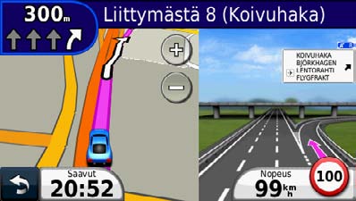 Tulevan risteyksen näyttäminen Kun navigoit autoilureittiä, voit näyttää pääteiden risteykset. Kun lähestyt risteystä reitillä, kyseisen risteyksen kuva näkyy lyhyesti, jos se on käytettävissä.