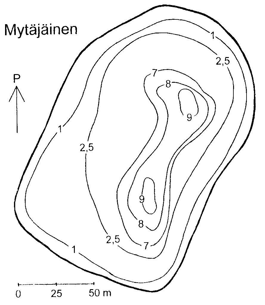 Mytäjäinen pinta ala,2 km 2 valuma alue,7km 2 keskisyvyys 3,5 m suurin syvyys 11 m Pieni Mytäjäinen eli Tallinpassi sijaitsee keskellä Lahtea ja asutusta, vanhan Helsingintien ja valtatie 12:n