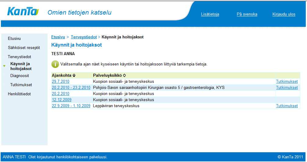 Käynnit ja hoitojaksot -Lista kaikista käynneistä ja hoitojaksoista