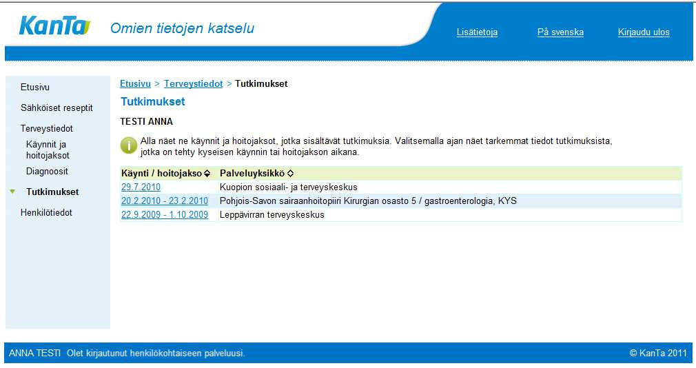 Tutkimukset -Lista niistä käynneistä ja hoitojaksoista, joiden aikana on tehty tutkimuksia