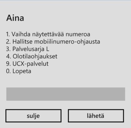 Päävalikko Toiminnekoodeilla voit nopeasti muokata Lync-asetuksiasi Toiminnekoodien päävalikkoon pääset valitsemalla matkapuhelimella #111# ja Soita näppäin ( vihreä luuri ) Tämän jälkeen puhelimeesi