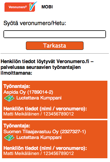 Mobi-palvelu 4 Mikäli henkilön veronumeroa ei löydy Veronumero.