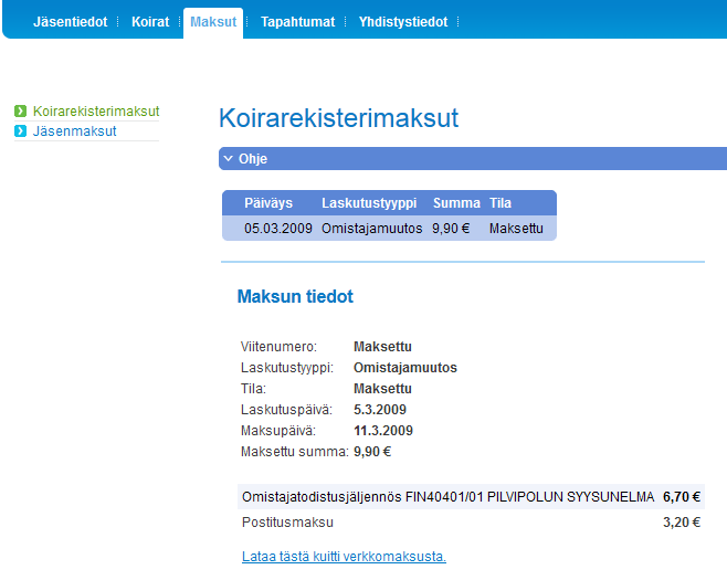 Suomen Kennelliitto ry. 26.5.2014 10(10) koskevat tiedot siirtyvät Koirat-välilehdelle, ja voit tehdä ilmoituksen seuraavasta FIX-rekisteriin merkittävästä koirasta.