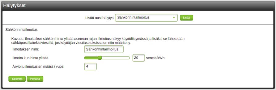 Katso tarkemmat ohjeet kohdasta Salasanan vaihtaminen ja käyttäjätietojen muokkaaminen. Aseta sähkönhintailmoitustehtävä seuraavasti: 1. Kirjaudu Tonttuun 2. Valitse Asetukset > Hälytykset 3.