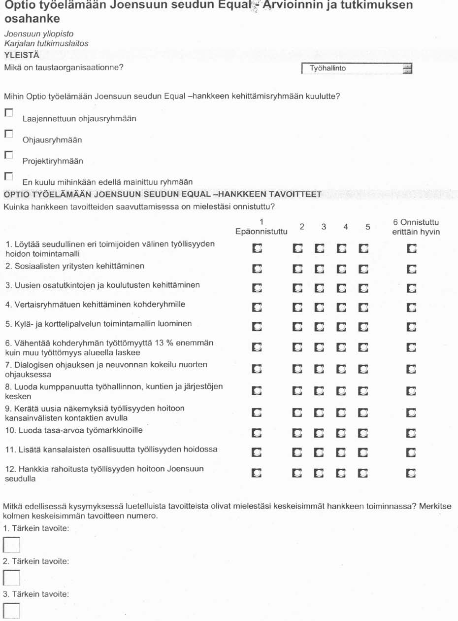 LIITE 2 Optio työelämään Joensuun seudun työllisyys Equal