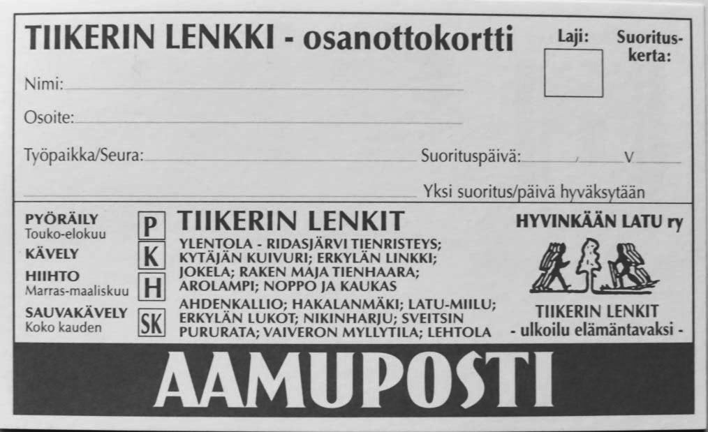 3 TIIKERINLENKKI 1963 2014 Maaliskuun lopussa päättynyt kausi Hyvinkään Ladun Tiikerinlenkkikuntokampanjassa jäi sen viimeiseksi.
