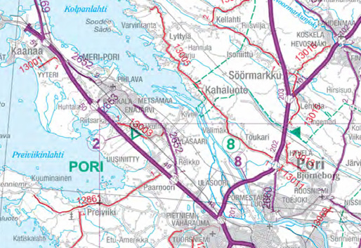 16 Tieverkon tulvariskikohteiden määrittelyssä käytettävät tiedot TULVARISKIKOHTEIDEN MÄÄRITTELY Kuva 5. Porin pilottialue tietojen keräämisessä (ote tienumerokartasta Turun tiepiiri, pohjoisosa, 1.1.2009, Tiehallinto).