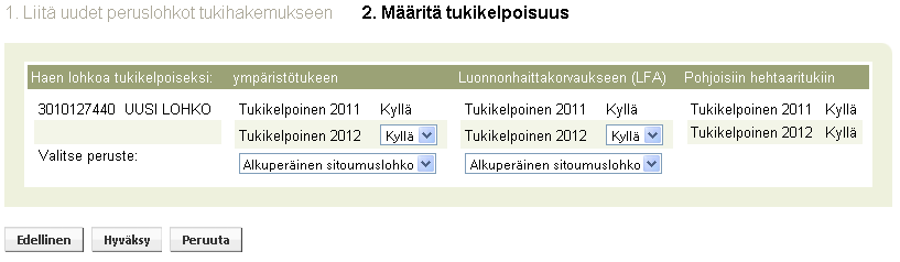 Sovellus tuo näkyviin liitettävän peruslohkon tiedot (tunnus, nimi ja edellinen haltija) näkyviin. Tarkista tiedot ja mikäli hakemasi lohkot ovat oikeat, jatka painamalla seuraava-painiketta.