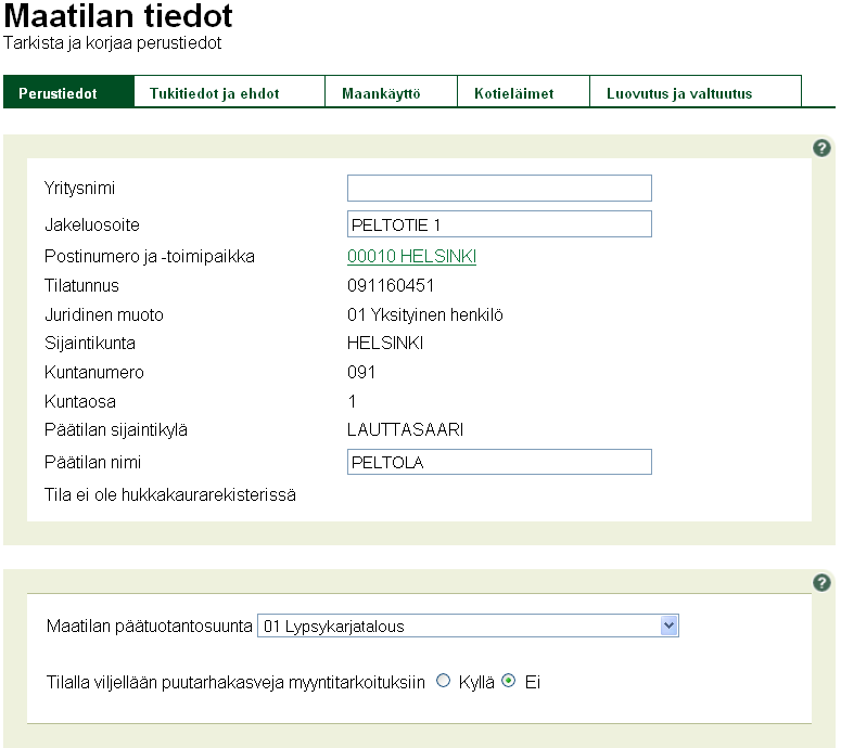 Lisäksi ensimmäisellä välilehdellä määritellään viljelijätukihaku-tieto koskien vuotta 2014.