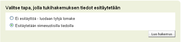 21 4.3.1 Uusi LFA-sitoumus Kun tukihakemuksen esitäyttötiedot on valittu, tulee esiin tieto mahdollisesti päättymässä olevasta LFA-sitoumuksesta. Näytöllä näkyy sitoumuksen alku- ja loppupäivämäärät.