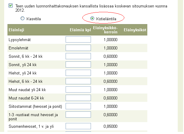 Sivun alareunassa on eläinyksiköiden määrä vuonna 2012 sekä luonnonhaittakorvauksen osalta tukikelpoiseksi hyväksytty pinta-ala v.2013.