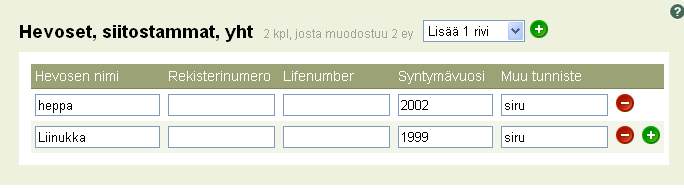 Jos ryhmässä on eläimiä enemmän kuin kolme kappaletta, voit lisätä ja poistaa rivejä + ja -painikkeiden avulla. Kuttujen ja poikineiden kuttujen lukumäärä syötetään 1.5.2013 tiedon mukaan.