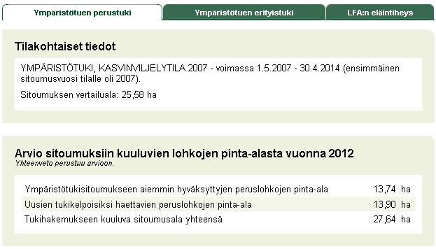 Sitoumukset 8.3.1 Ympäristötuen perustuki Ympäristötuen perustuki välilehdellä on mahdollista tarkastella tilan sitoumustietoja.