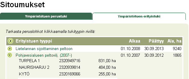 Epäselvissä tapauksissa ota yhteyttä kunnan maataloustoimistoon. Erityistuen sopimusalasta näkyy sopimuksen alkamis- ja päättymisajankohta.