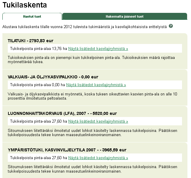 35 on tukilaskennan kautta mahdollista tarkastella arvioita tilalle maksettavista tuista.