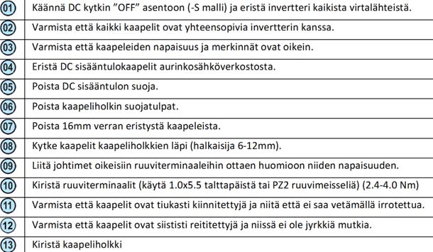 7. Käyttöliittymä Kontrollointiliitännät DC liitännät 8. 9. Varoitus! Ennen kuin yhdistät DC sisääntulokaapelit, tarkista niiden napaisuus. Varoitus! Kun aurinkosähköverkosto saa auringonvaloa, tuottaa se DC jännitteen invertteriin.