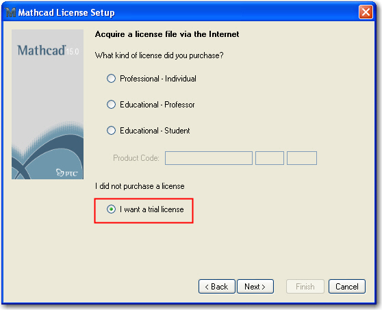 . Muut vaihtoehdot: I want to configure Mathcad to use an existing license file Jos lisenssi on jo saatu, valitaan tämä. Silloin asennus kysyy, missä lisenssin dat-tiedosto on.