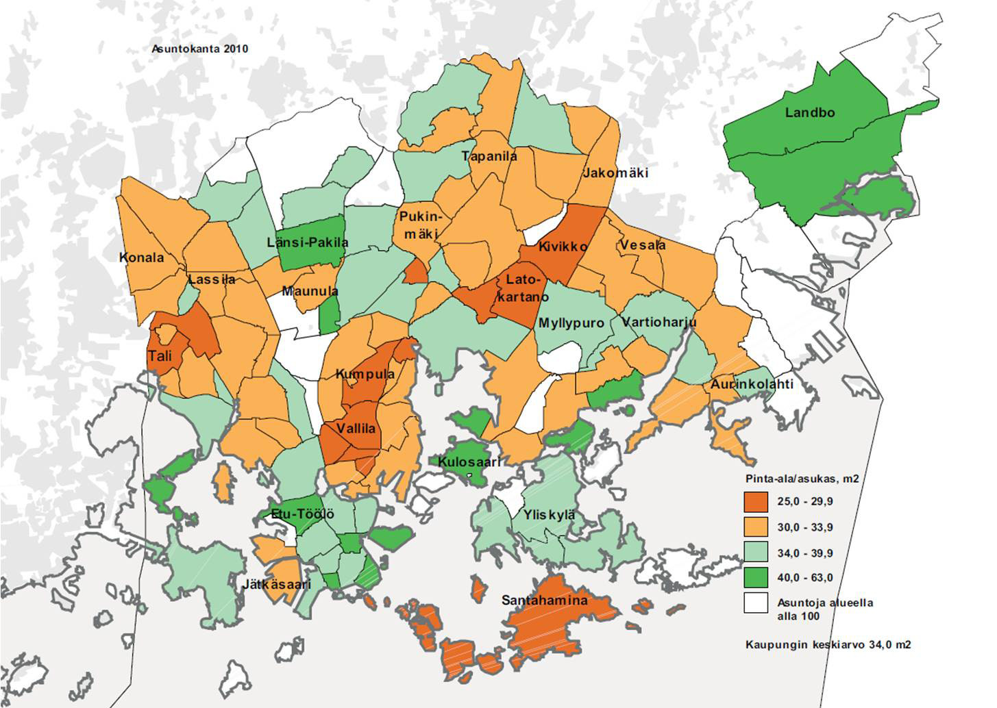 13 Asumisväljyys Helsingissä oli asuntokunnilla käytössään keskimäärin 34,0 asuinneliötä henkilöä kohti vuonna 2010.