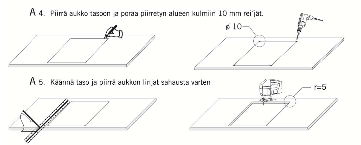 Tasojen liitos on koneistettu valmiiksi tehtaalla, sitä ei voida muuttaa. Vinkki 1. Upotusaukkojen reunat tulee aina suojata kosteudelta.