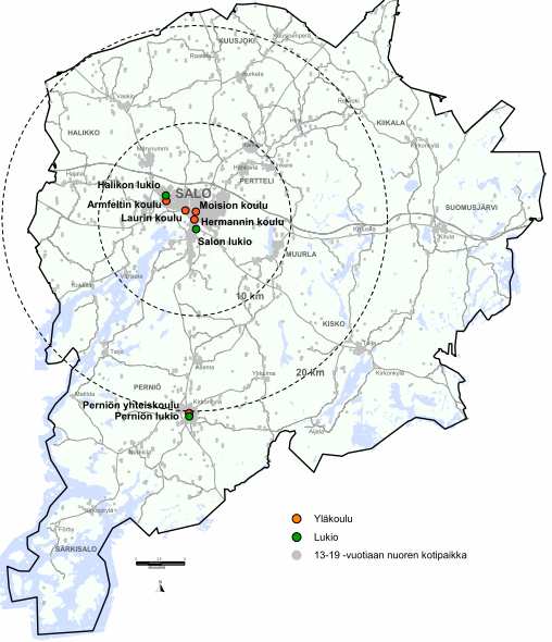 23 3.3. Lukiot Kuvio 13. Salon yläkoulut ja lukiot kartalla kuvattuna.