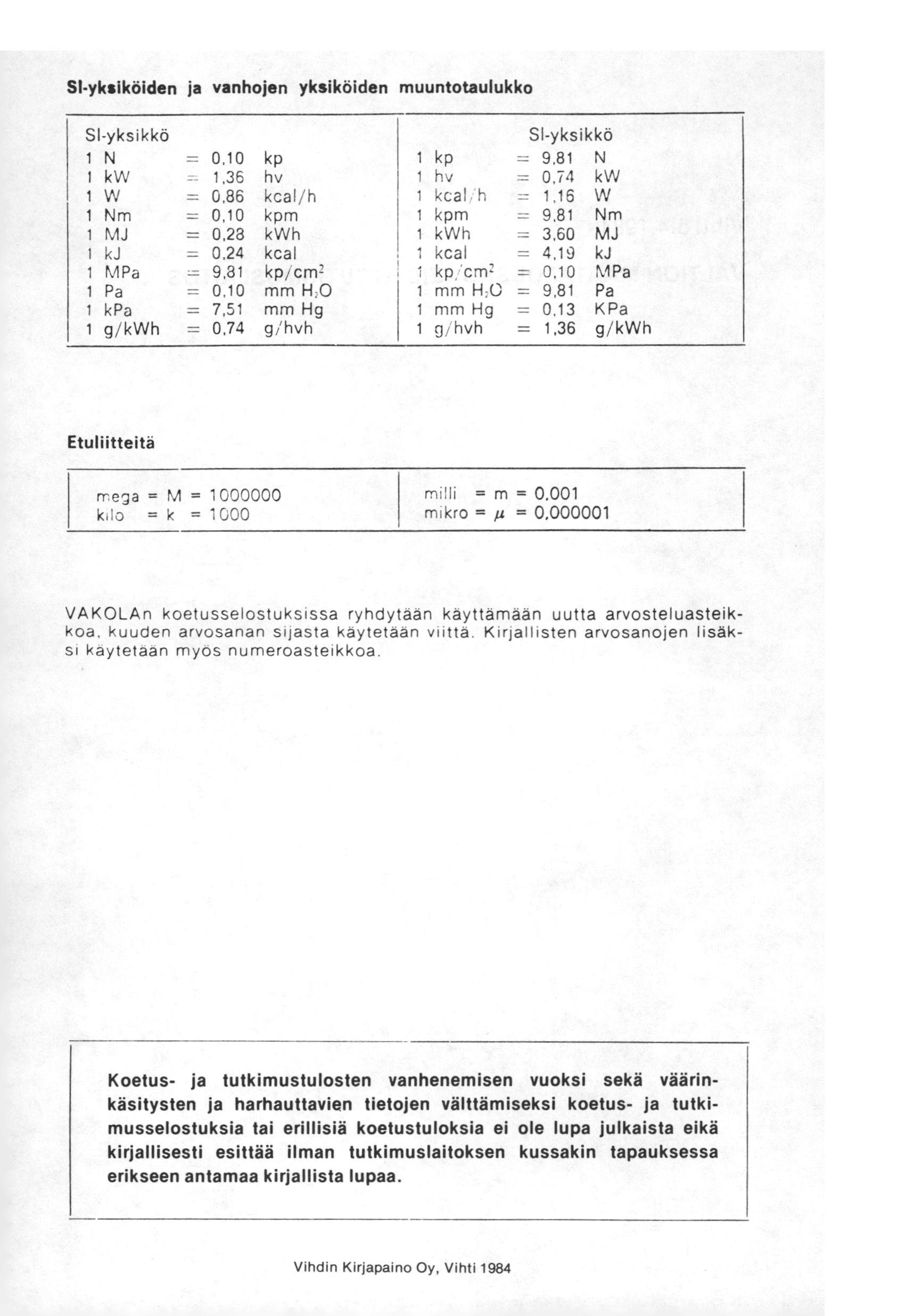 Shyksiköiden ja vanhojen yksiköiden muuntotaulukko 81-yksikkö 81-yksikkö 1N 0,10 kp kp 9,81 1 kw 1.36 hv hv 0,74 kw 1w 0.86 kcal/h kcal.