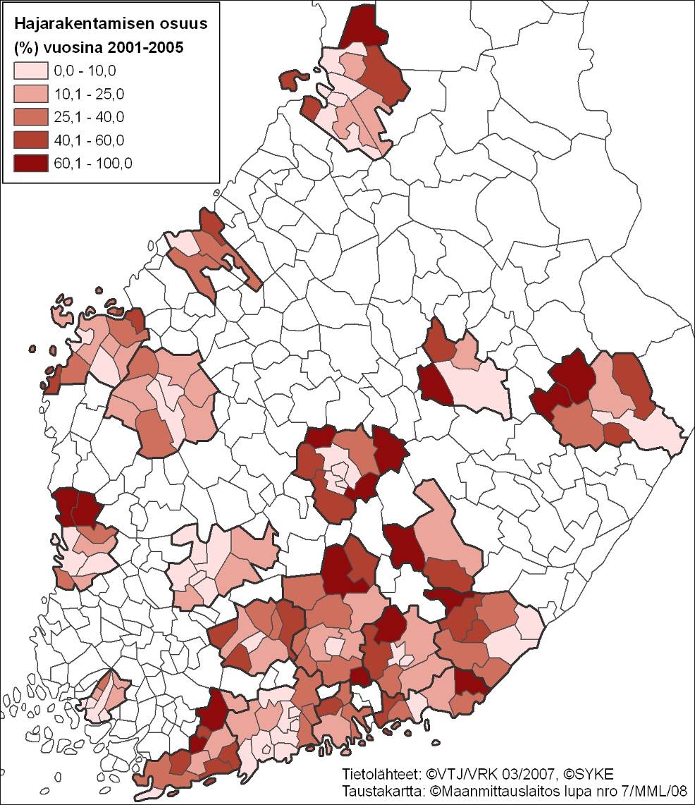 Haja-asutusalueille vuosina 2001-2005 valmistuneiden asuntojen