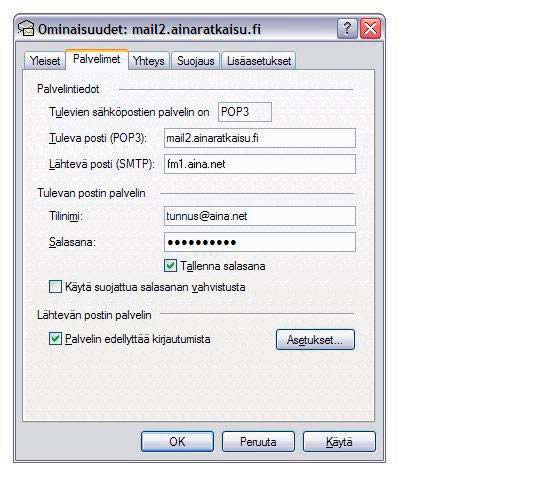 7.5 SSL Suojattu yhteys sähköpostille (Outlook Express 6) Halutessasi lähettää ja/tai vastaanottaa sähköpostia suojatun SSL-yhteyden ylitse Ainan tai jonkun muun operaattorin yhteyttä käyttäen