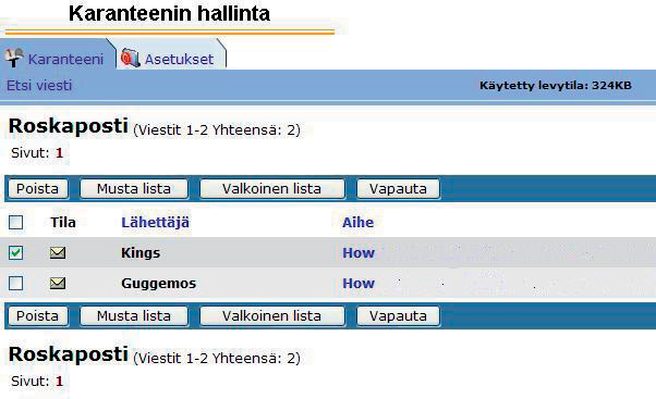 Karanteenin hallinta Kirjaudu sisään Viestin voi vapauttaa ruksaamalla kyseisen viestin ja klikkaamalla vapauta -painiketta (kuva 43).